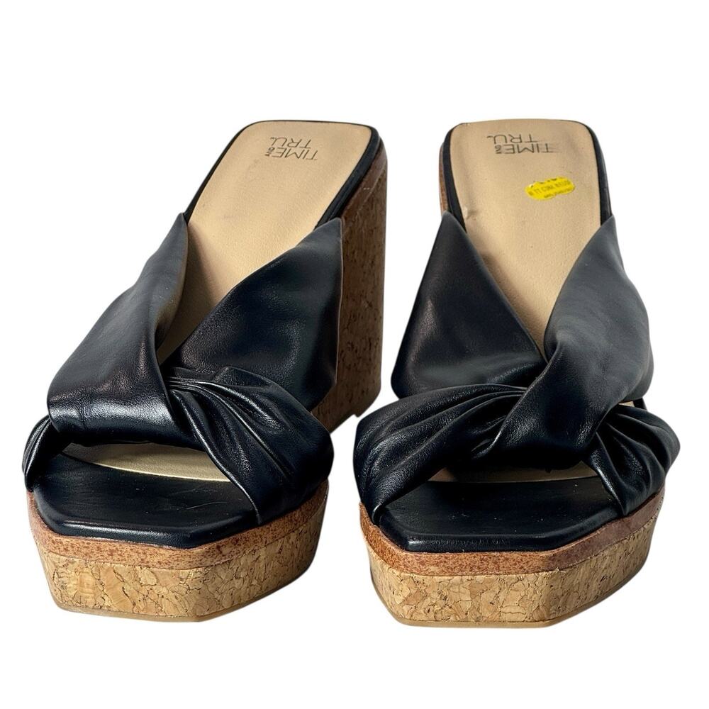 Cork Wedge Slide Sandals Twist Knot Platform W9 Black Minimalist
